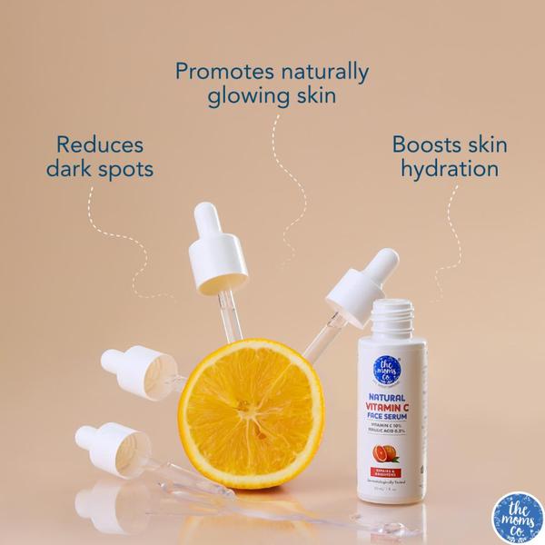 A clean, minimalist product ad using floating dropper elements and sliced citrus to visually communicate three key skincare benefits.